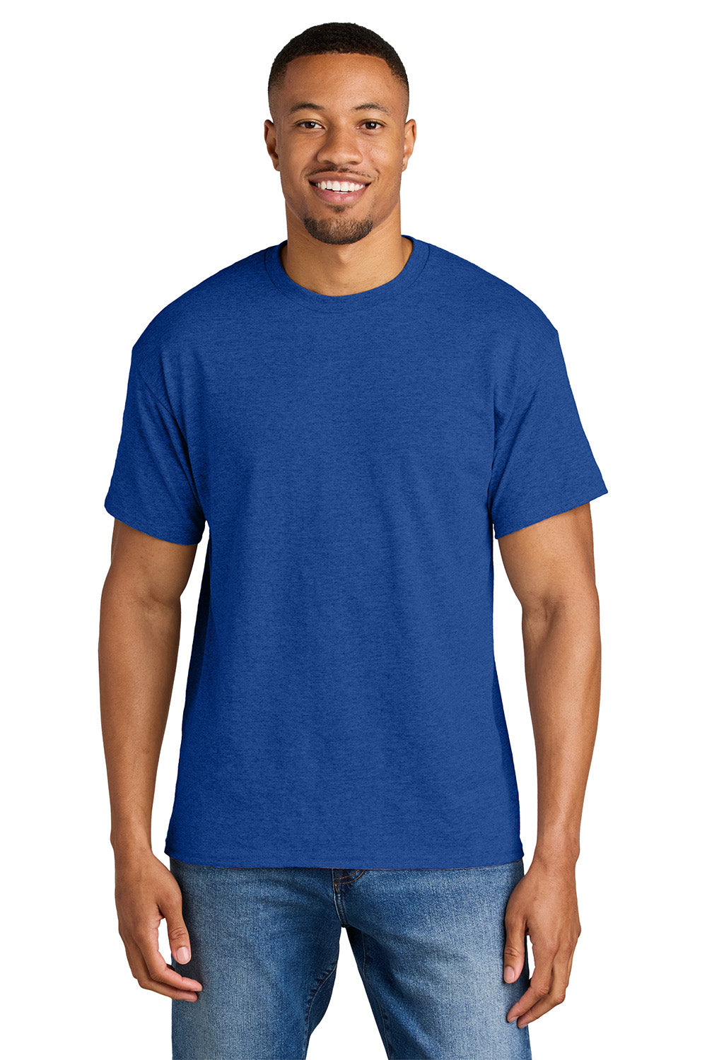 Gildan 8000/G800 Mens DryBlend Moisture Wicking Short Sleeve Crewneck T-Shirt Heather Royal Blue Model Front