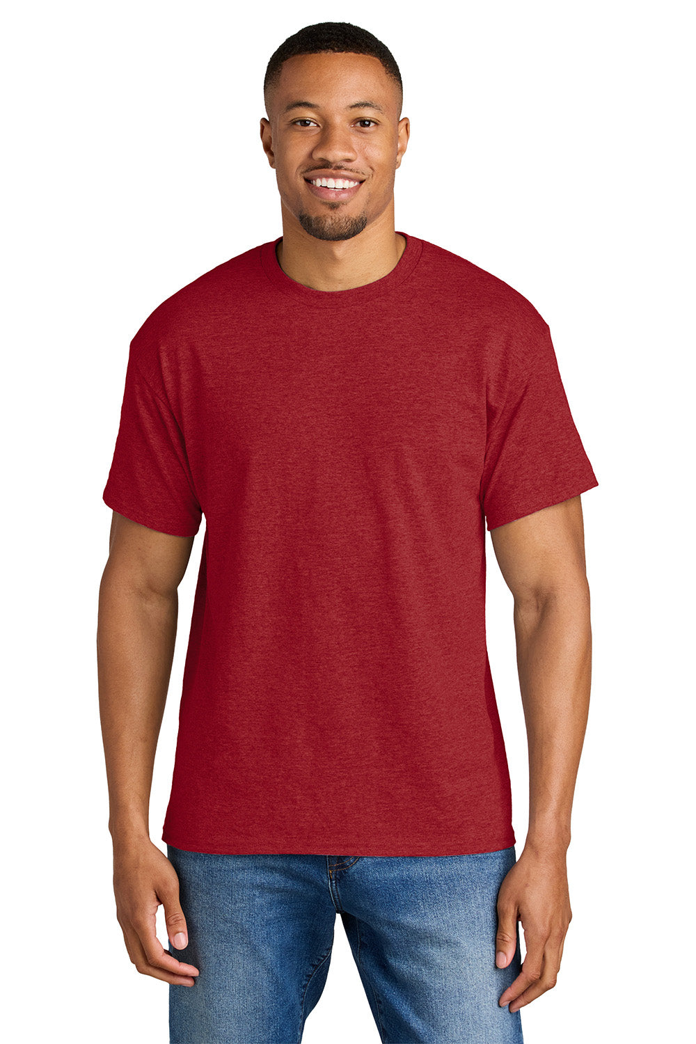 Gildan 8000/G800 Mens DryBlend Moisture Wicking Short Sleeve Crewneck T-Shirt Heather Scarlet Red Model Front