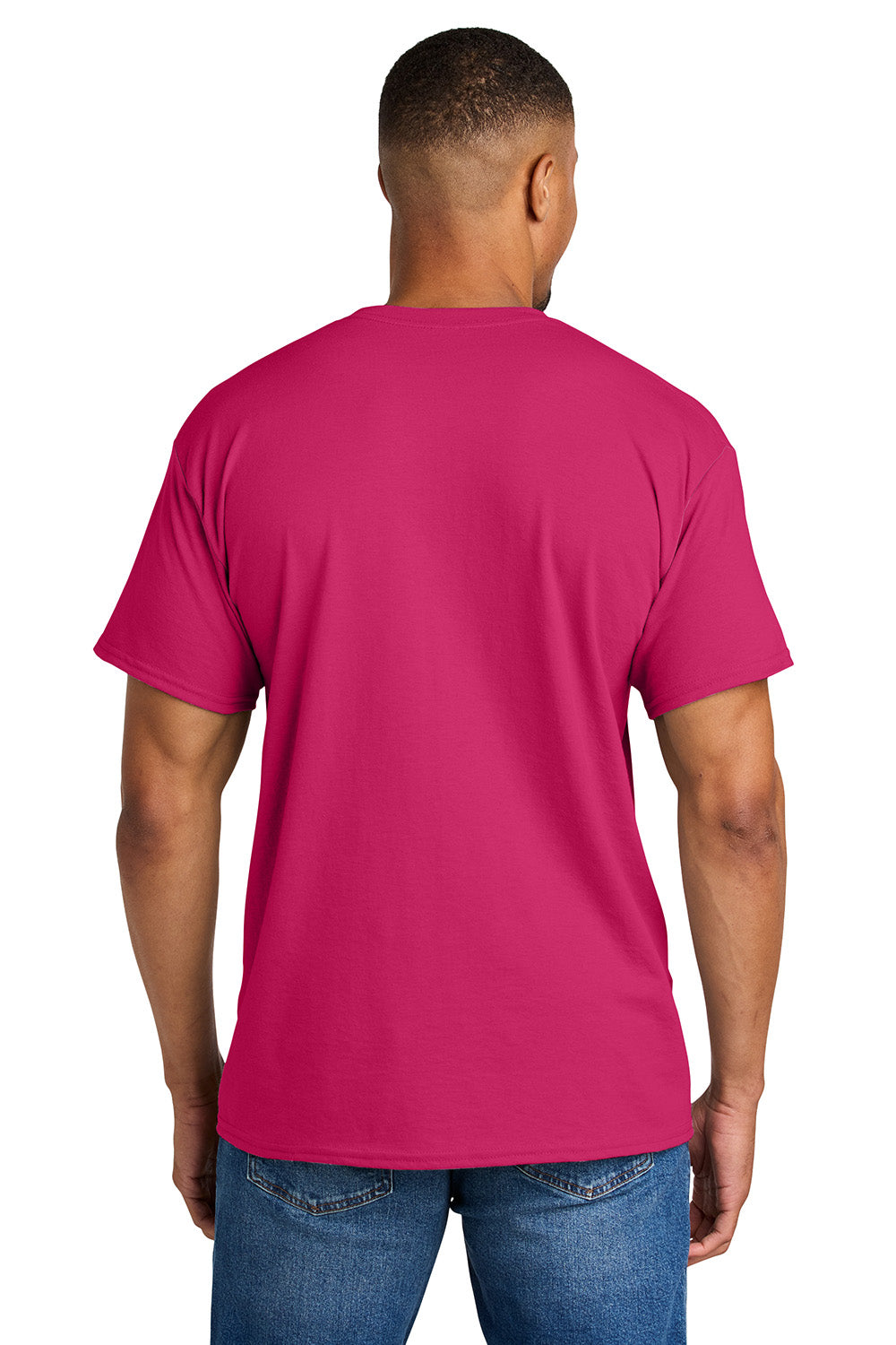 Gildan 8000/G800 Mens DryBlend Moisture Wicking Short Sleeve Crewneck T-Shirt Heliconia Pink Model Back