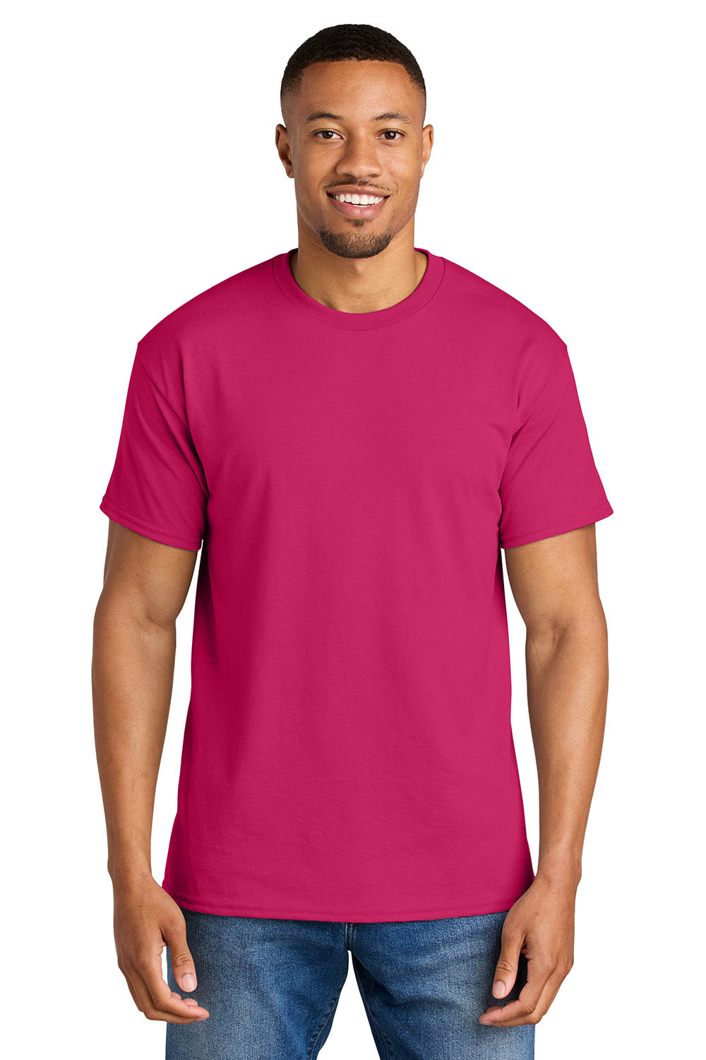 Gildan 8000/G800 Mens DryBlend Moisture Wicking Short Sleeve Crewneck T-Shirt Heliconia Pink Model Front