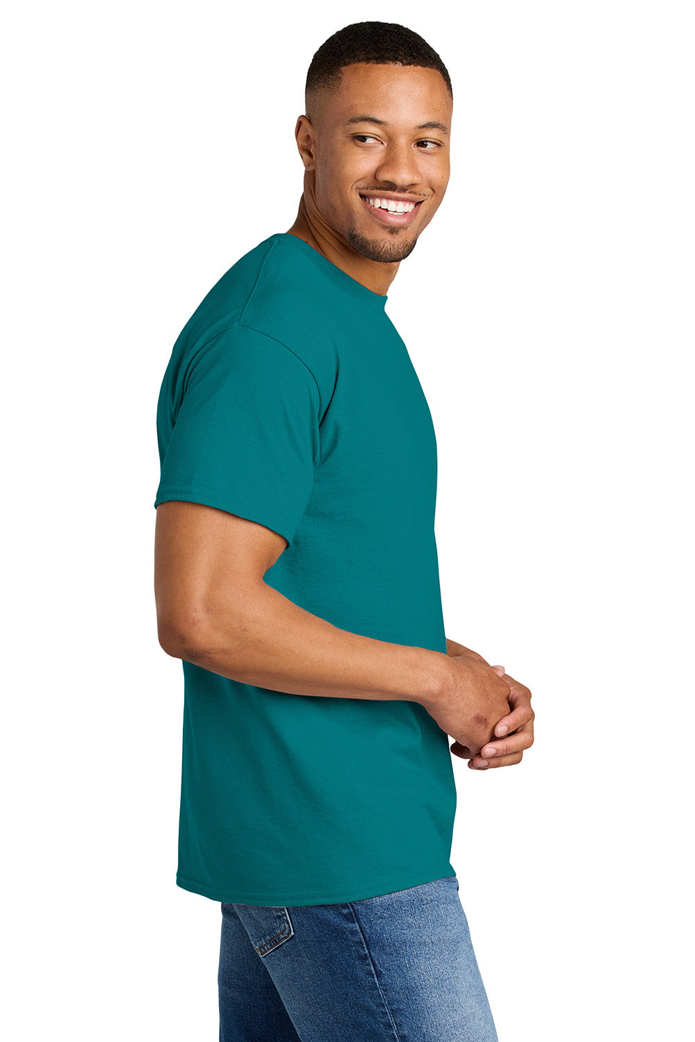 Gildan 8000/G800 Mens DryBlend Moisture Wicking Short Sleeve Crewneck T-Shirt Jade Dome Green Model Side