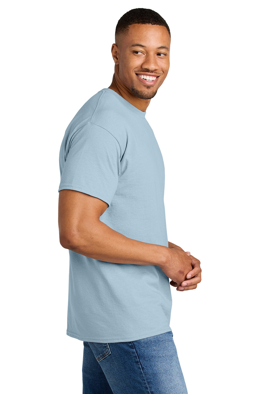 Gildan 8000/G800 Mens DryBlend Moisture Wicking Short Sleeve Crewneck T-Shirt Light Blue Model Side