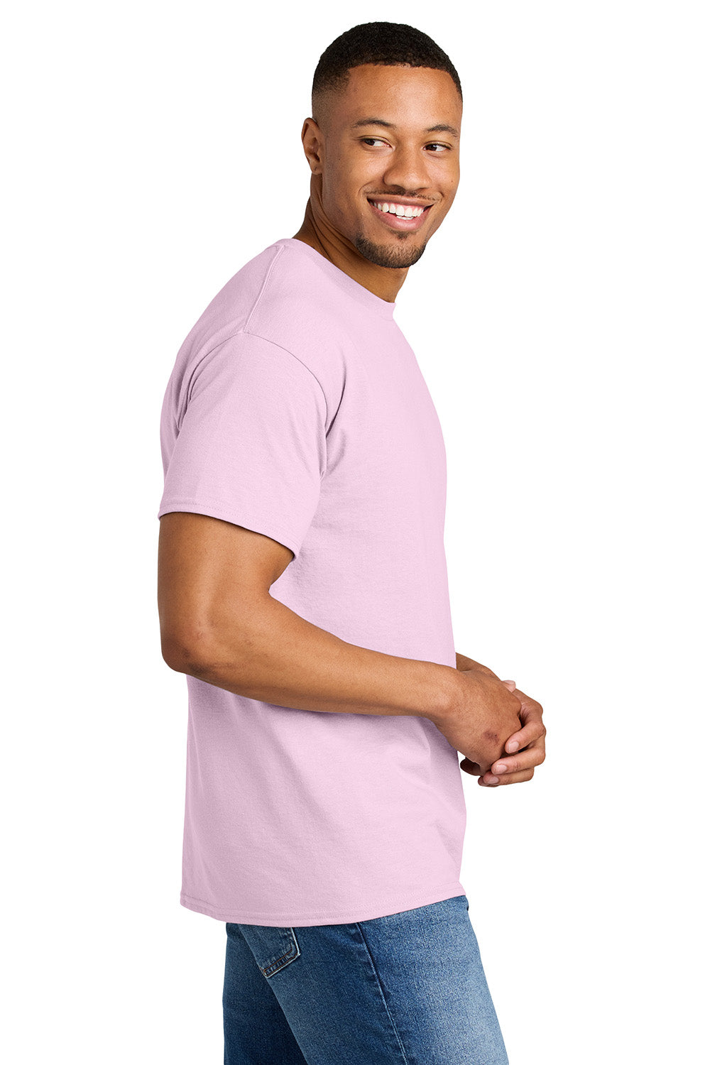 Gildan 8000/G800 Mens DryBlend Moisture Wicking Short Sleeve Crewneck T-Shirt Light Pink Model Side