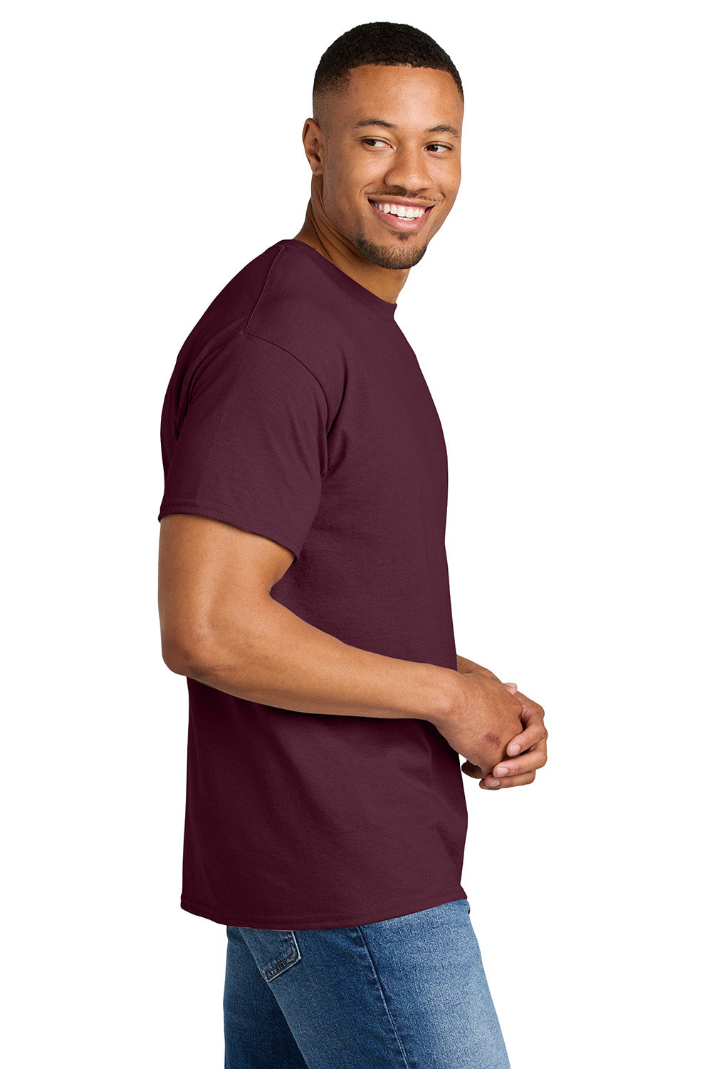 Gildan 8000/G800 Mens DryBlend Moisture Wicking Short Sleeve Crewneck T-Shirt Maroon Model Side