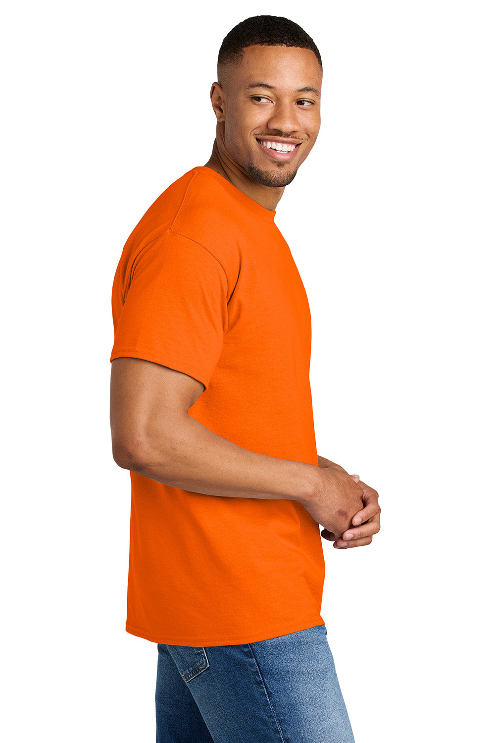 Gildan 8000/G800 Mens DryBlend Moisture Wicking Short Sleeve Crewneck T-Shirt Safety Orange Model Side