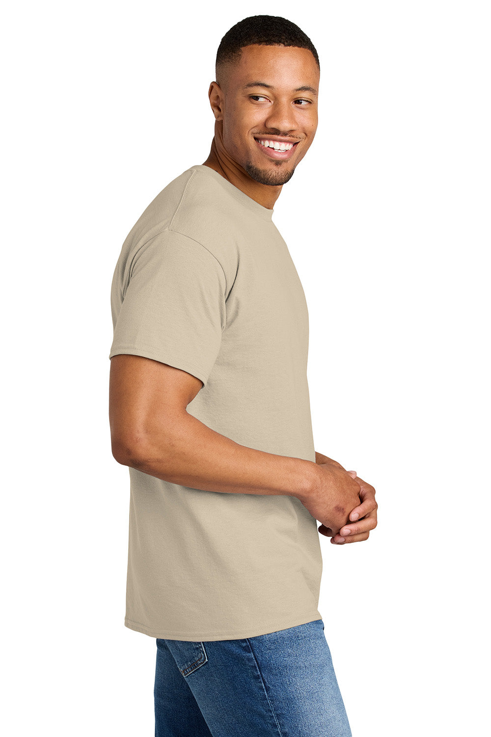 Gildan 8000/G800 Mens DryBlend Moisture Wicking Short Sleeve Crewneck T-Shirt Sand Model Side