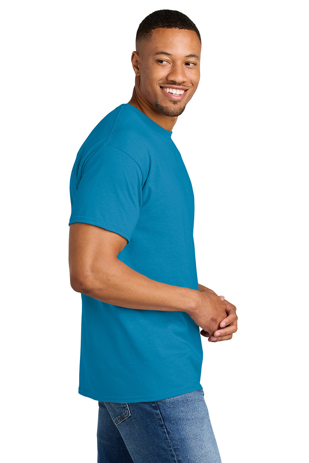 Gildan 8000/G800 Mens DryBlend Moisture Wicking Short Sleeve Crewneck T-Shirt Sapphire Blue Model Side