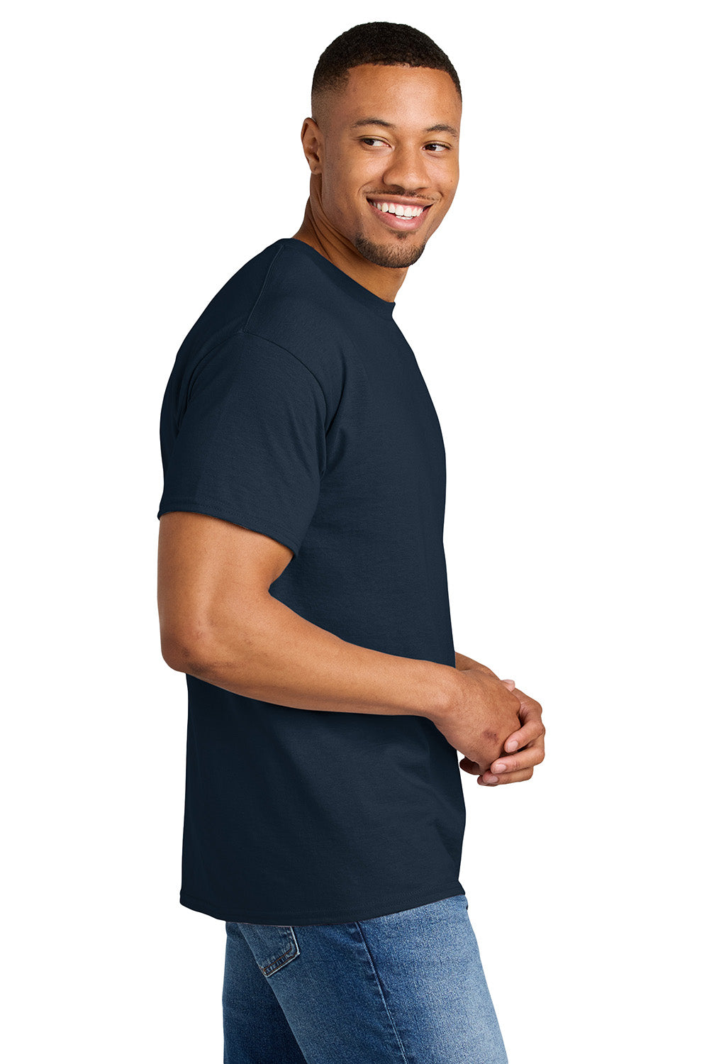 Gildan 8000/G800 Mens DryBlend Moisture Wicking Short Sleeve Crewneck T-Shirt Sport Dark Navy Blue Model Side