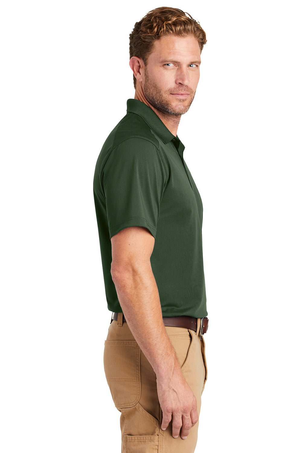 CornerStone CS418/TLCS418 Mens Select Moisture Wicking Short Sleeve Polo Shirt Dark Green Model Side