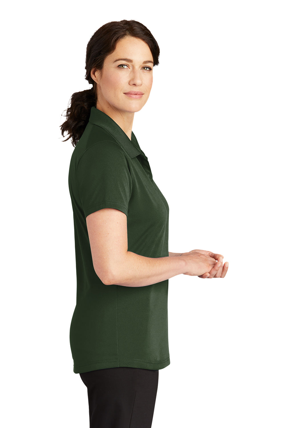 CornerStone CS419 Womens Select Moisture Wicking Short Sleeve Polo Shirt Dark Green Model Side