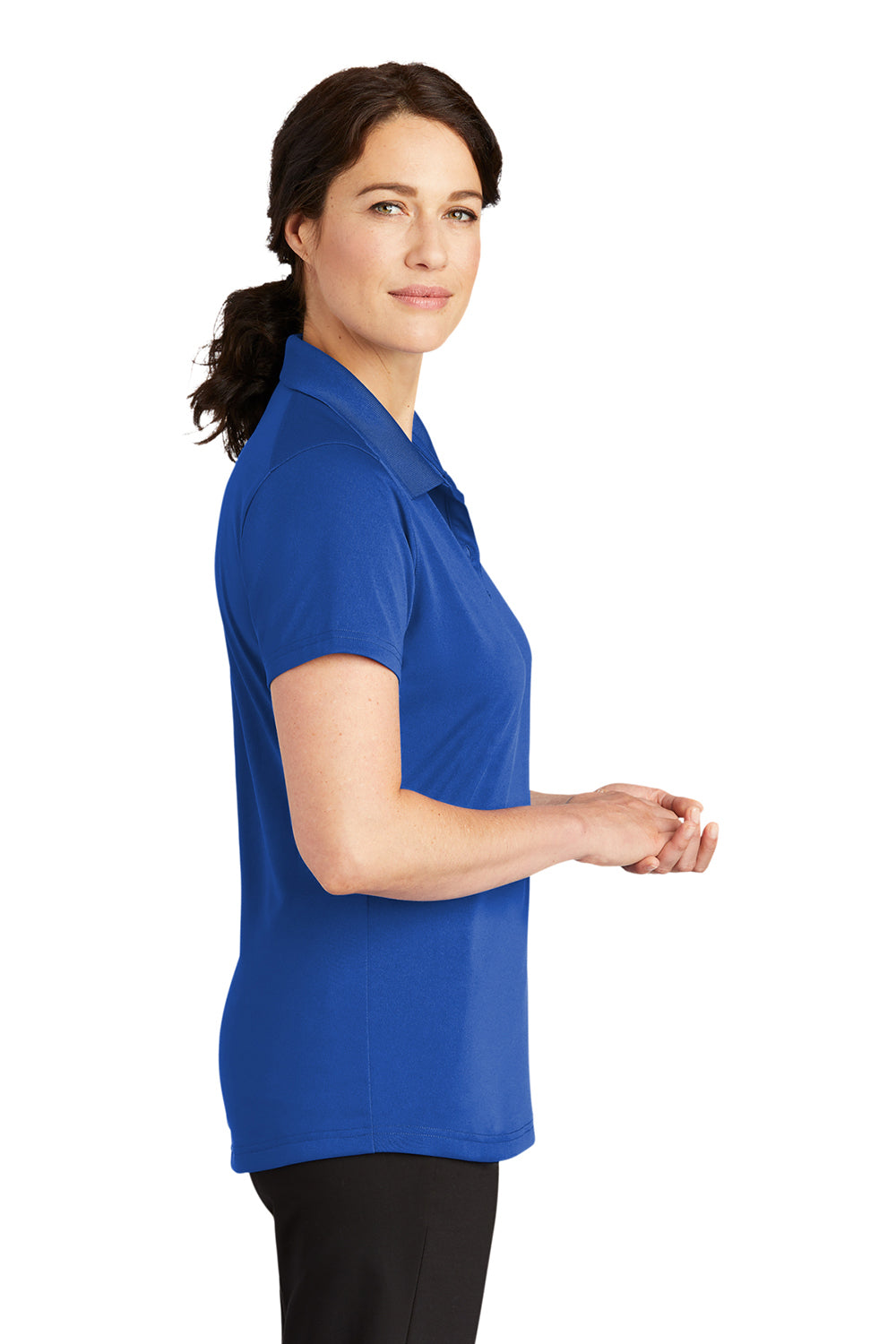 CornerStone CS419 Womens Select Moisture Wicking Short Sleeve Polo Shirt Royal Blue Model Side