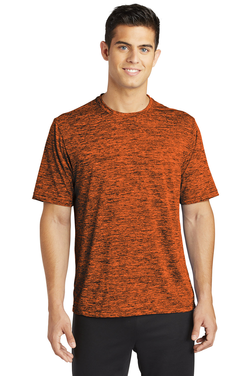 Sport-Tek ST390 Mens Electric Heather Moisture Wicking Short Sleeve Crewneck T-Shirt Deep Orange Black Electric Model Front