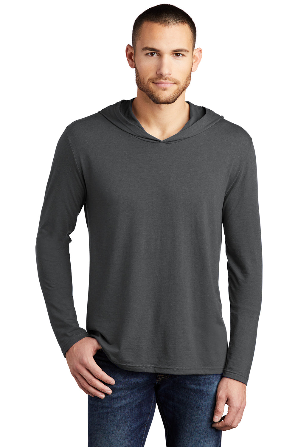 District DM139 Mens Perfect Tri Long Sleeve Hooded T-Shirt Hoodie Charcoal Grey Model Front