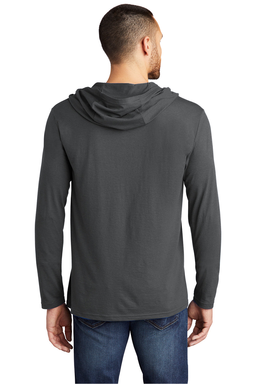 District DM139 Mens Perfect Tri Long Sleeve Hooded T-Shirt Hoodie Charcoal Grey Model Back