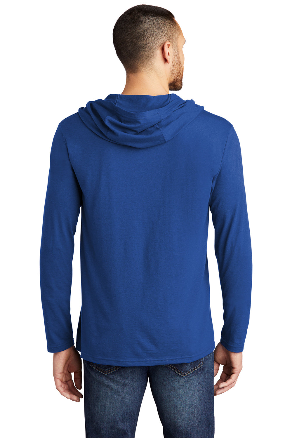 District DM139 Mens Perfect Tri Long Sleeve Hooded T-Shirt Hoodie Deep Royal Blue Model Back