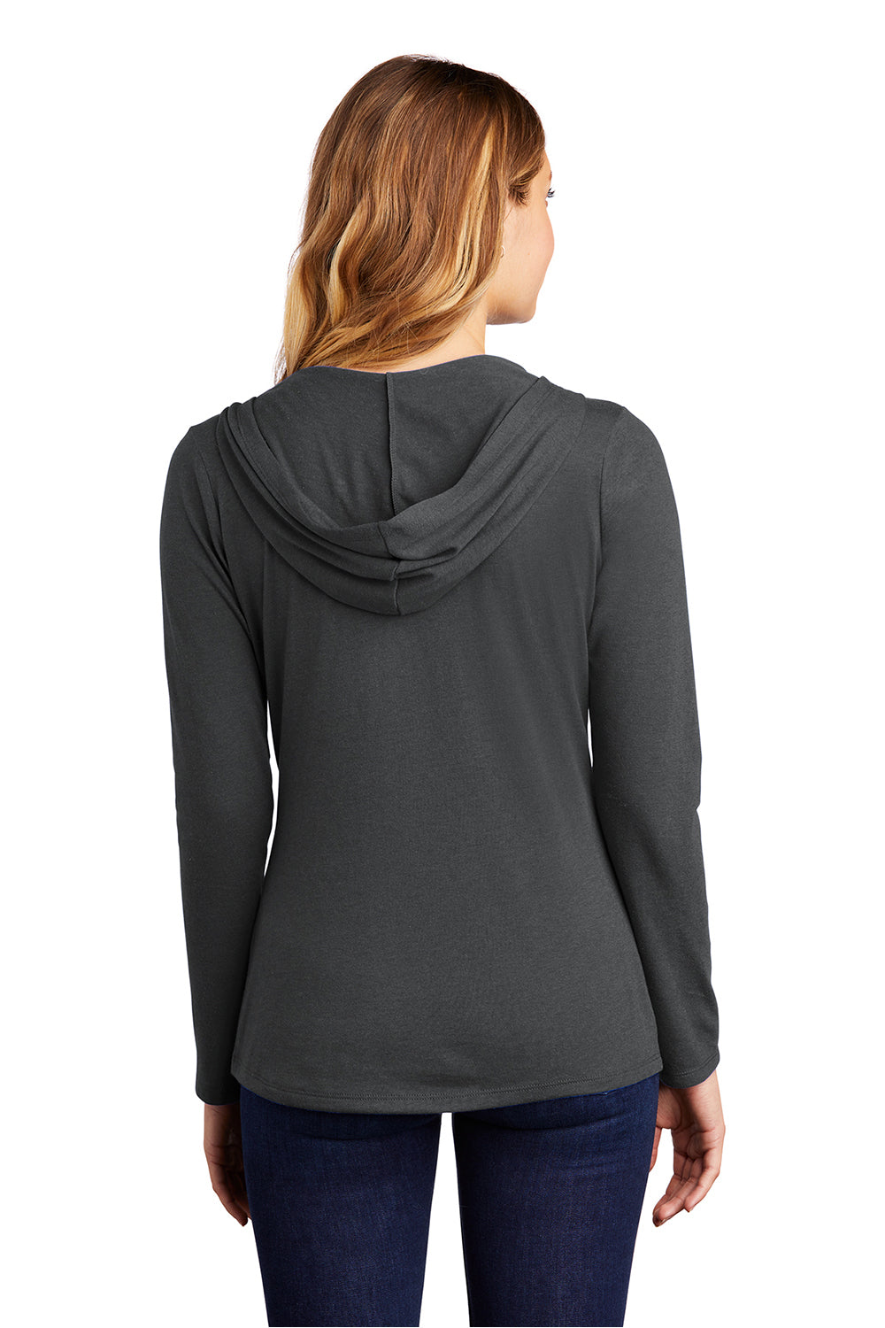 District DM139L Womens Perfect Tri Long Sleeve Hooded T-Shirt Hoodie Charcoal Grey Model Back