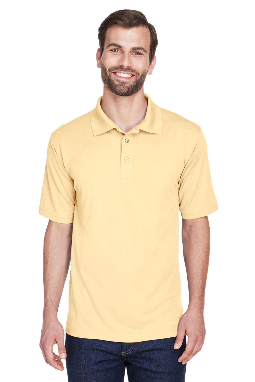 UltraClub 8210/8210T Mens Cool & Dry Moisture Wicking Short Sleeve Polo Shirt Yellow Haze Model Front