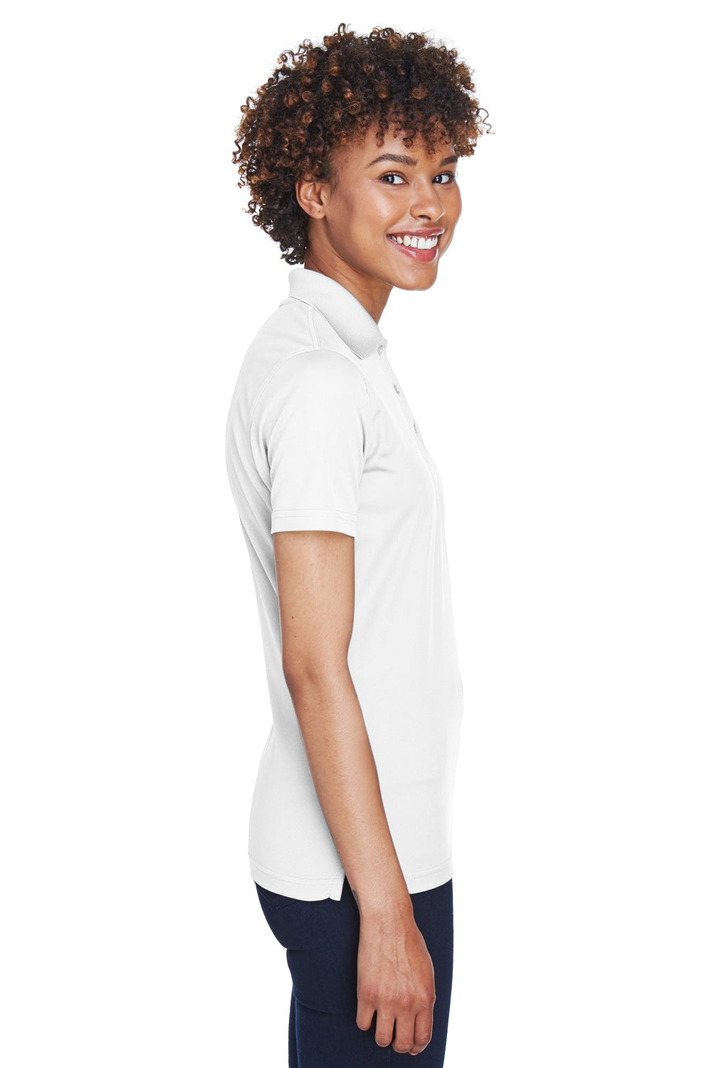 UltraClub 8210L Womens Cool & Dry Moisture Wicking Short Sleeve Polo Shirt White Model Side