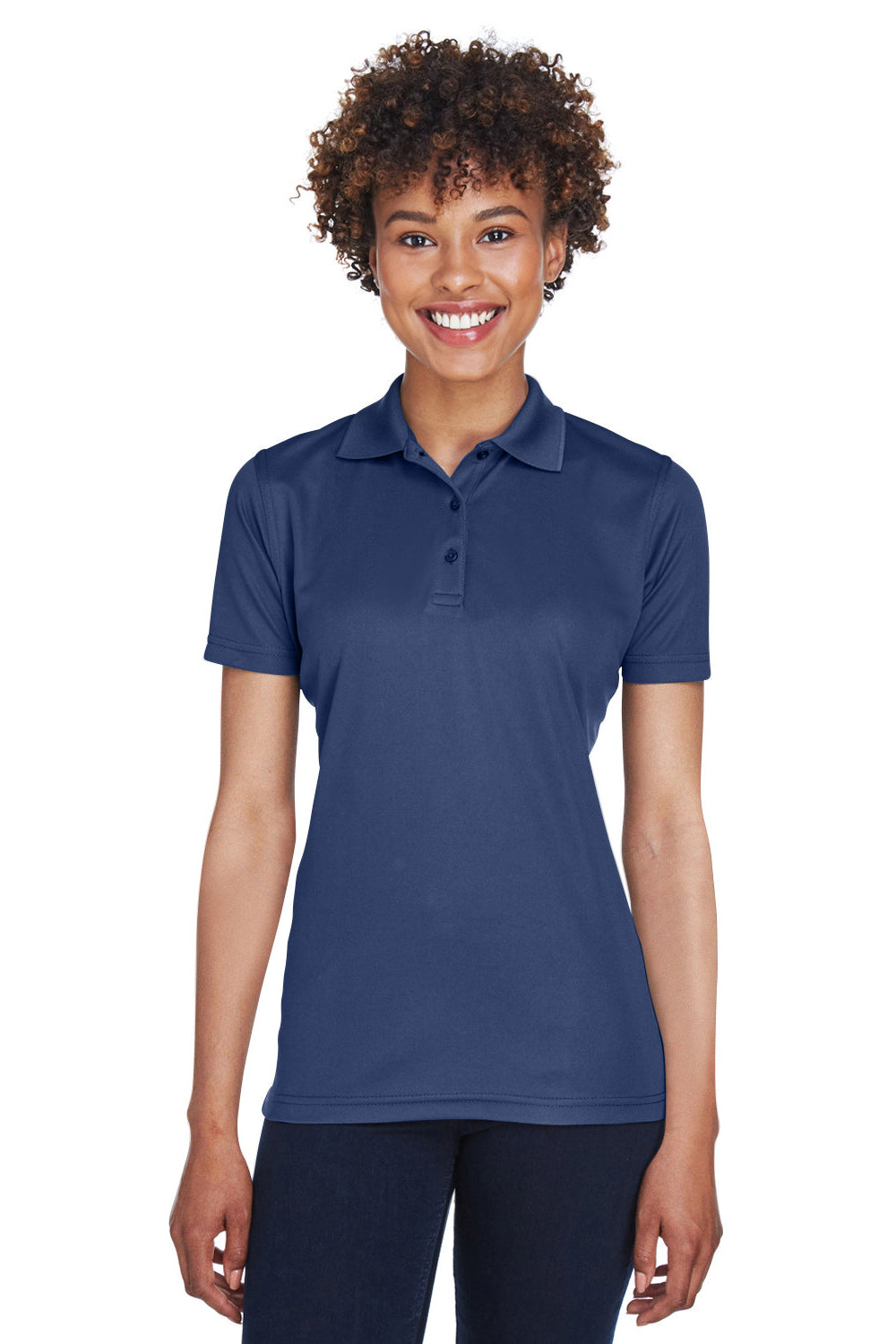 UltraClub 8210L Womens Cool & Dry Moisture Wicking Short Sleeve Polo Shirt Navy Blue Model Front