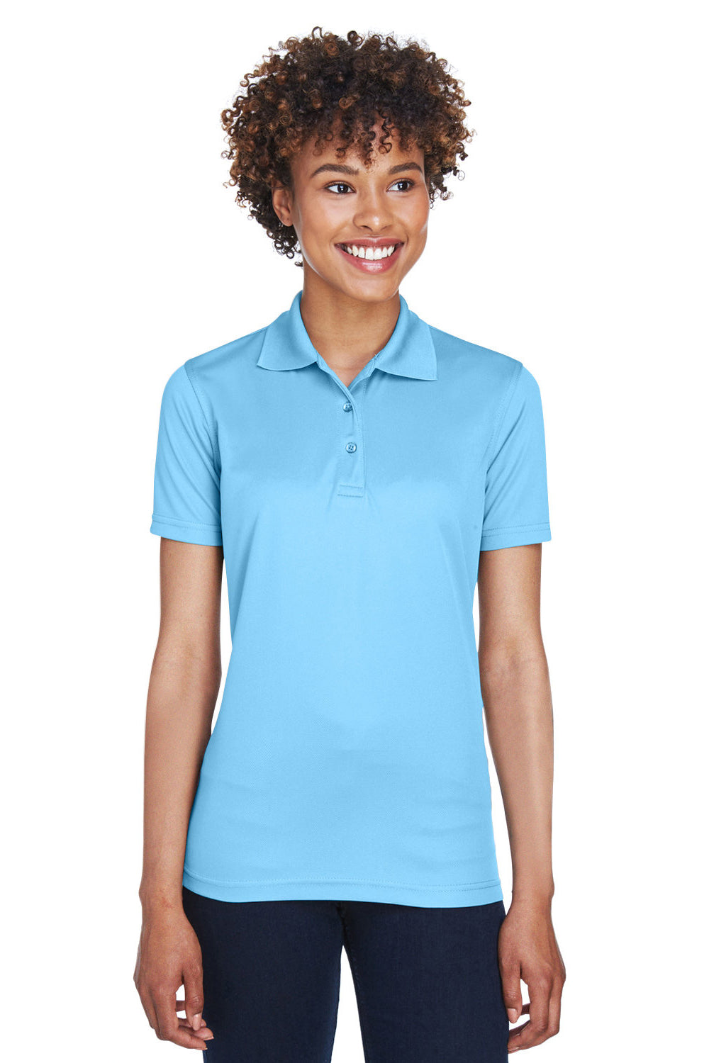 UltraClub 8210L Womens Cool & Dry Moisture Wicking Short Sleeve Polo Shirt Columbia Blue Model Front