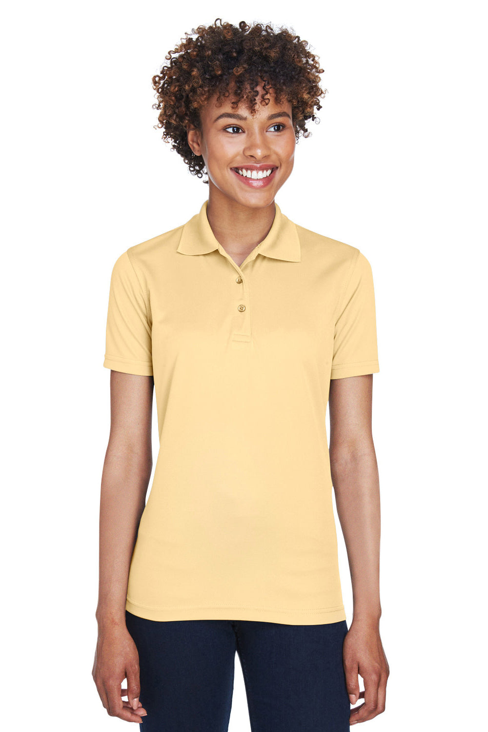 UltraClub 8210L Womens Cool & Dry Moisture Wicking Short Sleeve Polo Shirt Yellow Haze Model Front