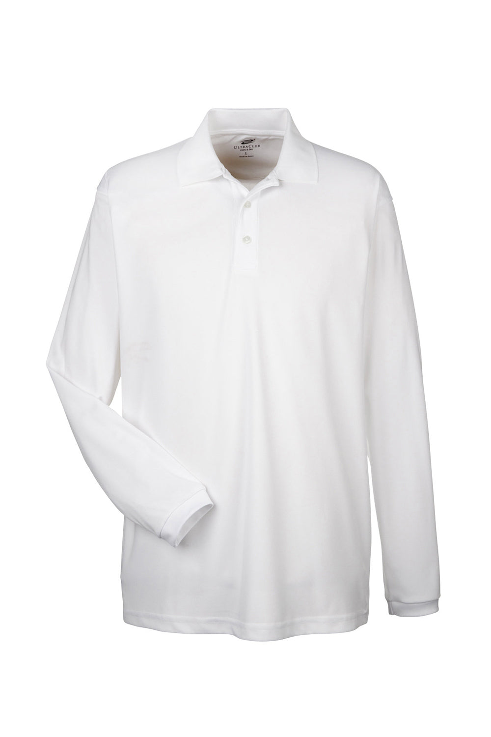 UltraClub 8210LS Mens Cool & Dry Moisture Wicking Long Sleeve Polo Shirt White Flat Front