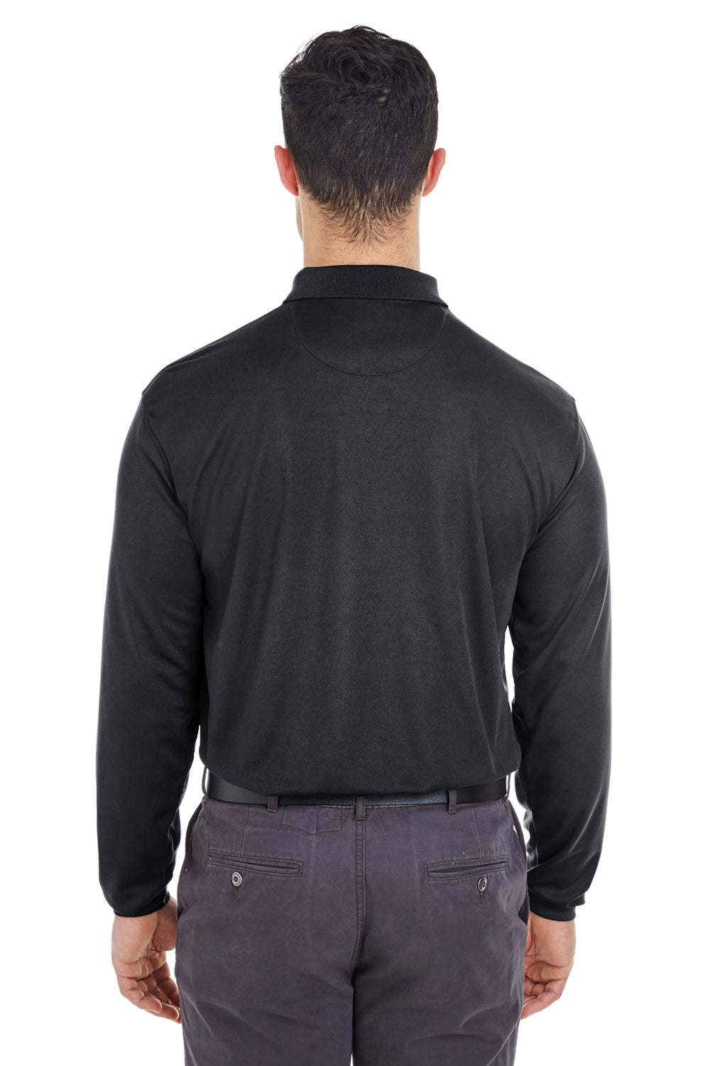 UltraClub 8210LS Mens Cool & Dry Moisture Wicking Long Sleeve Polo Shirt Black Model Back