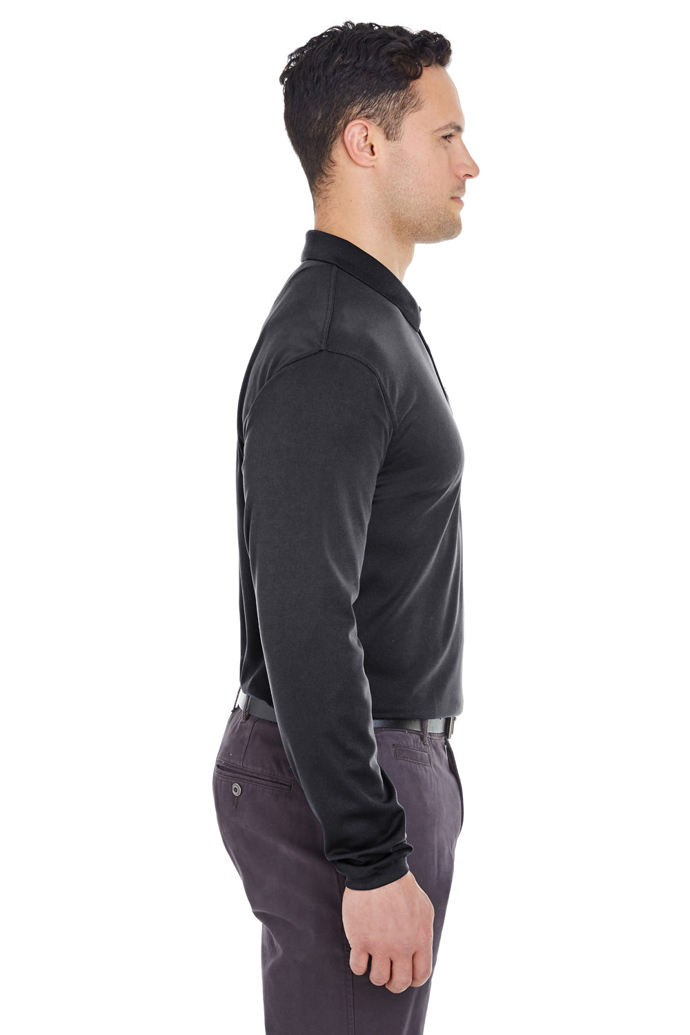 UltraClub 8210LS Mens Cool & Dry Moisture Wicking Long Sleeve Polo Shirt Black Model Side