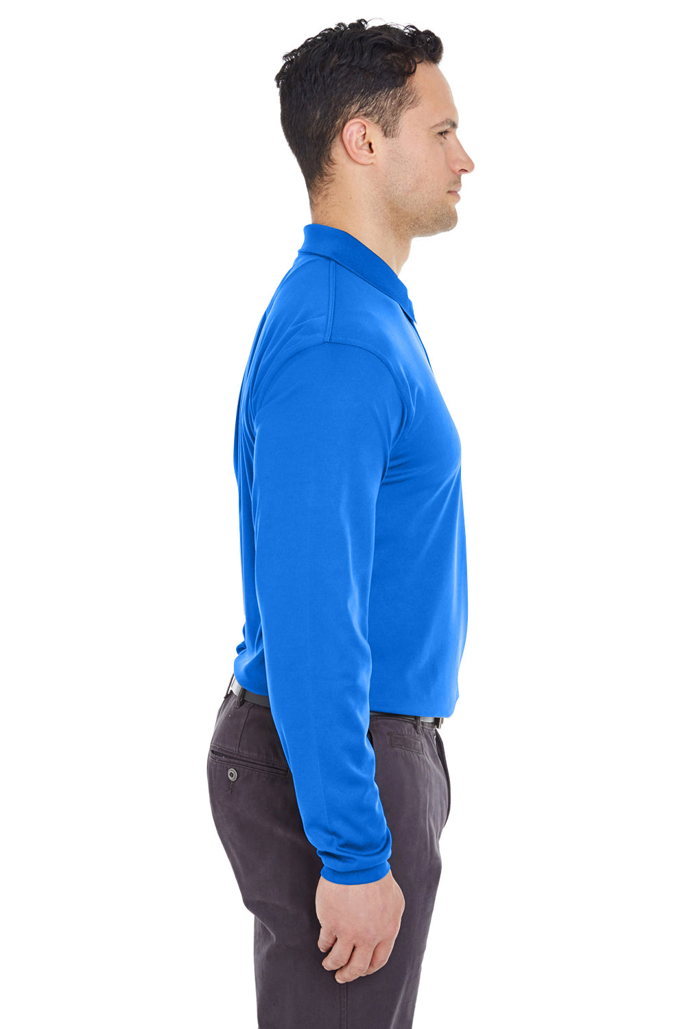 UltraClub 8210LS Mens Cool & Dry Moisture Wicking Long Sleeve Polo Shirt Royal Blue Model Side