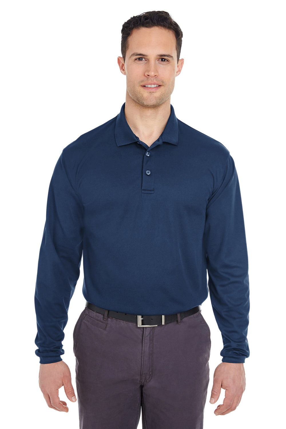 UltraClub 8210LS Mens Cool & Dry Moisture Wicking Long Sleeve Polo Shirt Navy Blue Model Front