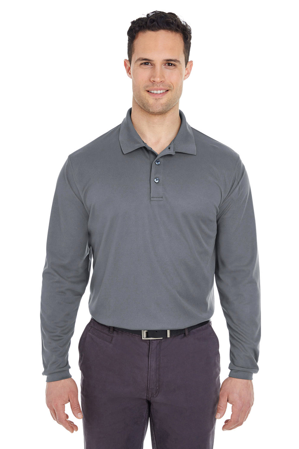 UltraClub 8210LS Mens Cool & Dry Moisture Wicking Long Sleeve Polo Shirt Charcoal Grey Model Front