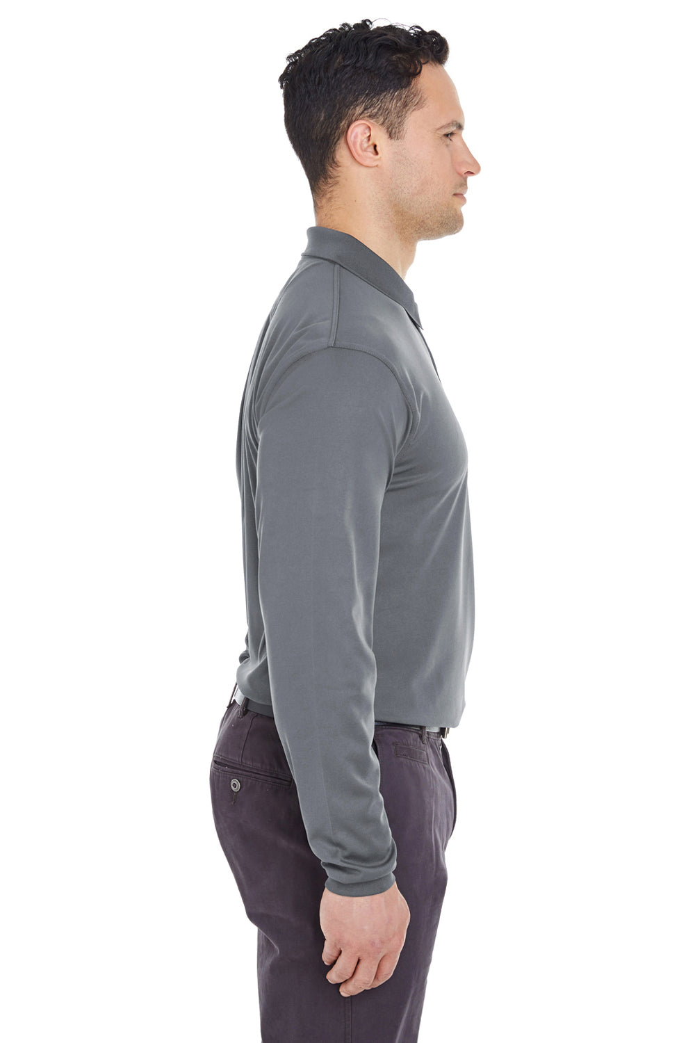 UltraClub 8210LS Mens Cool & Dry Moisture Wicking Long Sleeve Polo Shirt Charcoal Grey Model Side