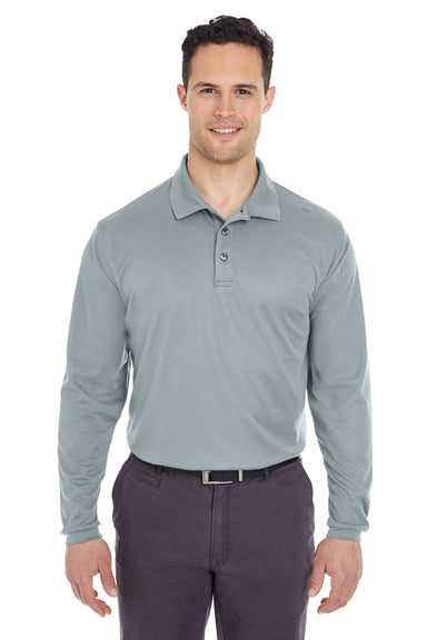 UltraClub 8210LS Mens Cool & Dry Moisture Wicking Long Sleeve Polo Shirt Silver Grey Model Front