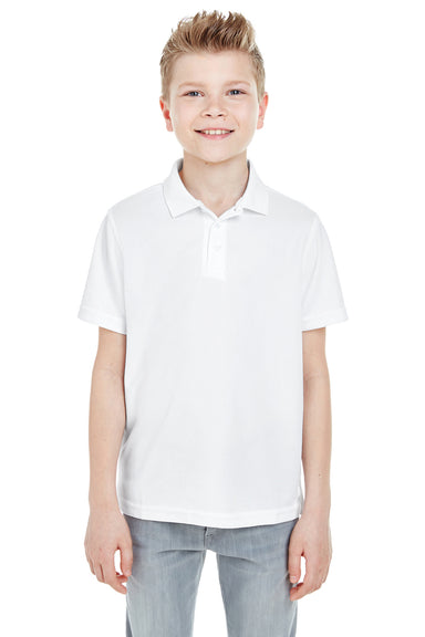 UltraClub 8210Y Youth Cool & Dry Moisture Wicking Short Sleeve Polo Shirt White Model Front