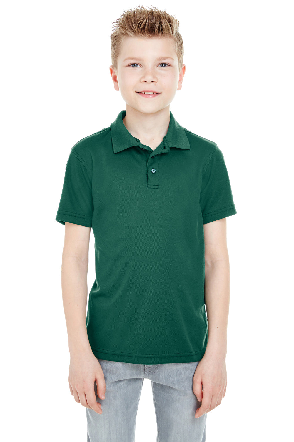 UltraClub 8210Y Youth Cool & Dry Moisture Wicking Short Sleeve Polo Shirt Forest Green Model Front