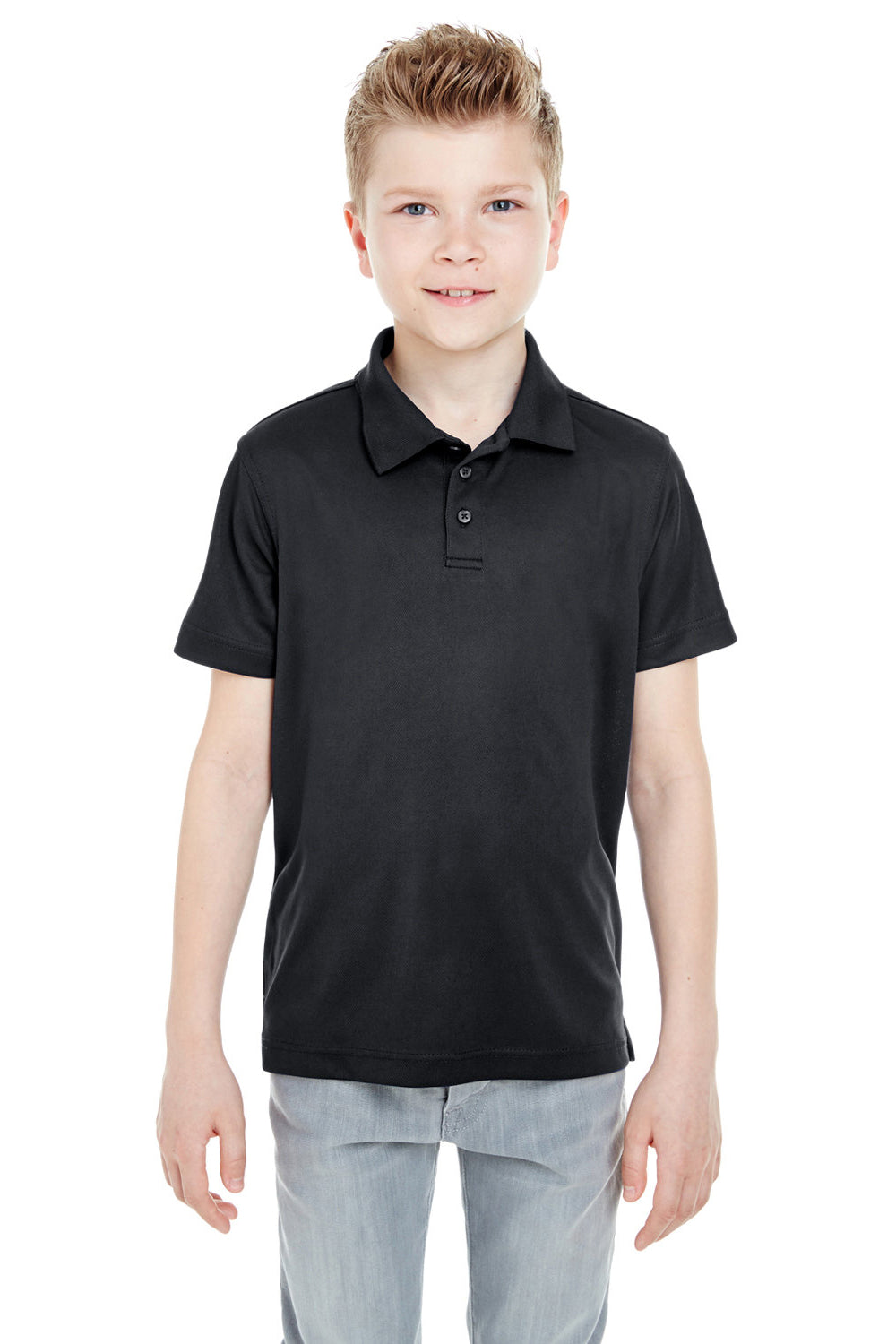 UltraClub 8210Y Youth Cool & Dry Moisture Wicking Short Sleeve Polo Shirt Black Model Front