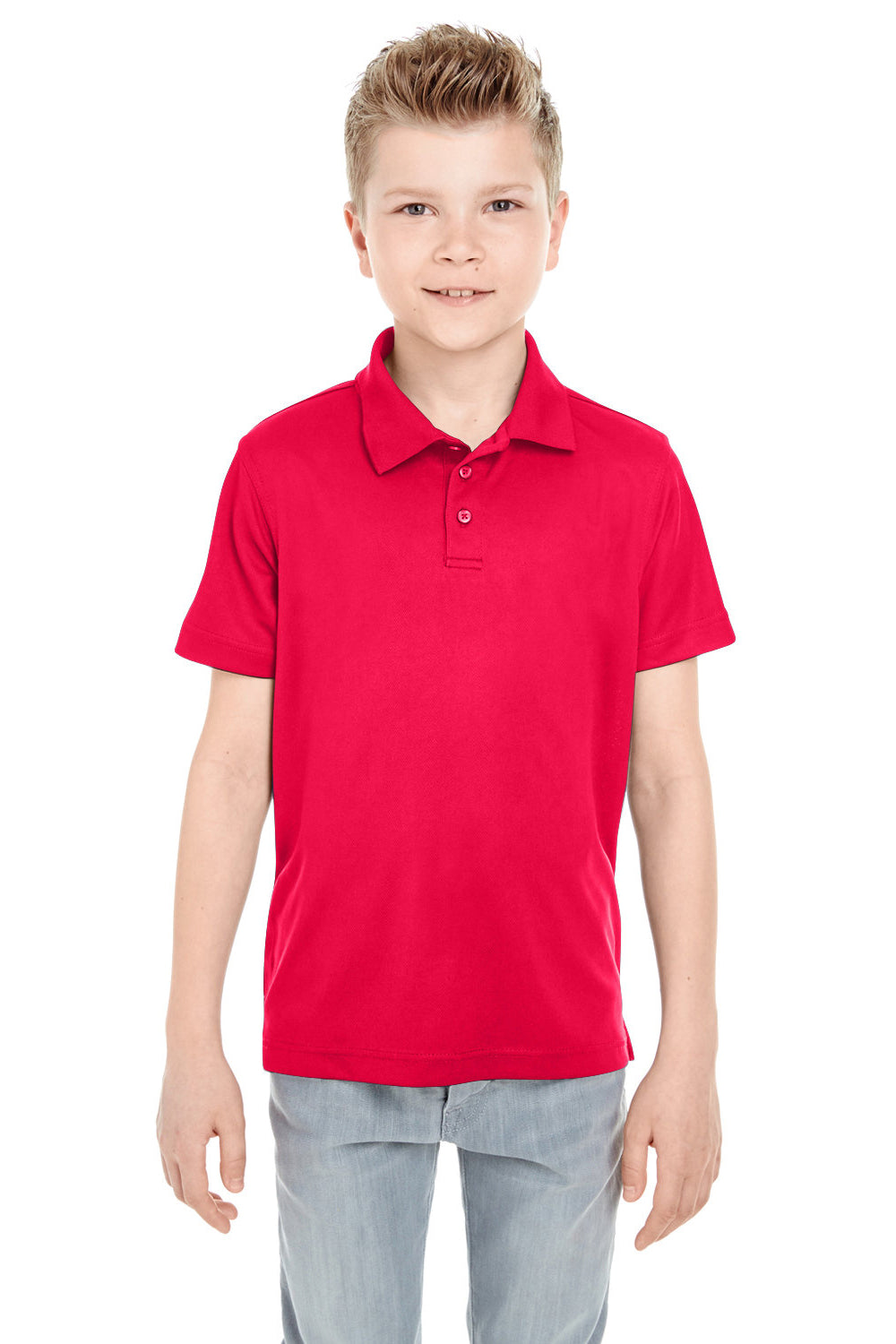 UltraClub 8210Y Youth Cool & Dry Moisture Wicking Short Sleeve Polo Shirt Red Model Front