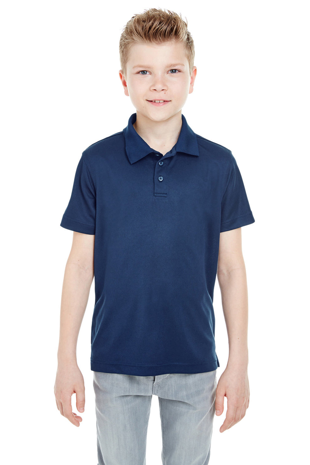 UltraClub 8210Y Youth Cool & Dry Moisture Wicking Short Sleeve Polo Shirt Navy Blue Model Front