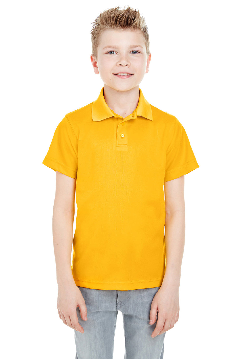 UltraClub 8210Y Youth Cool & Dry Moisture Wicking Short Sleeve Polo Shirt Gold Model Front