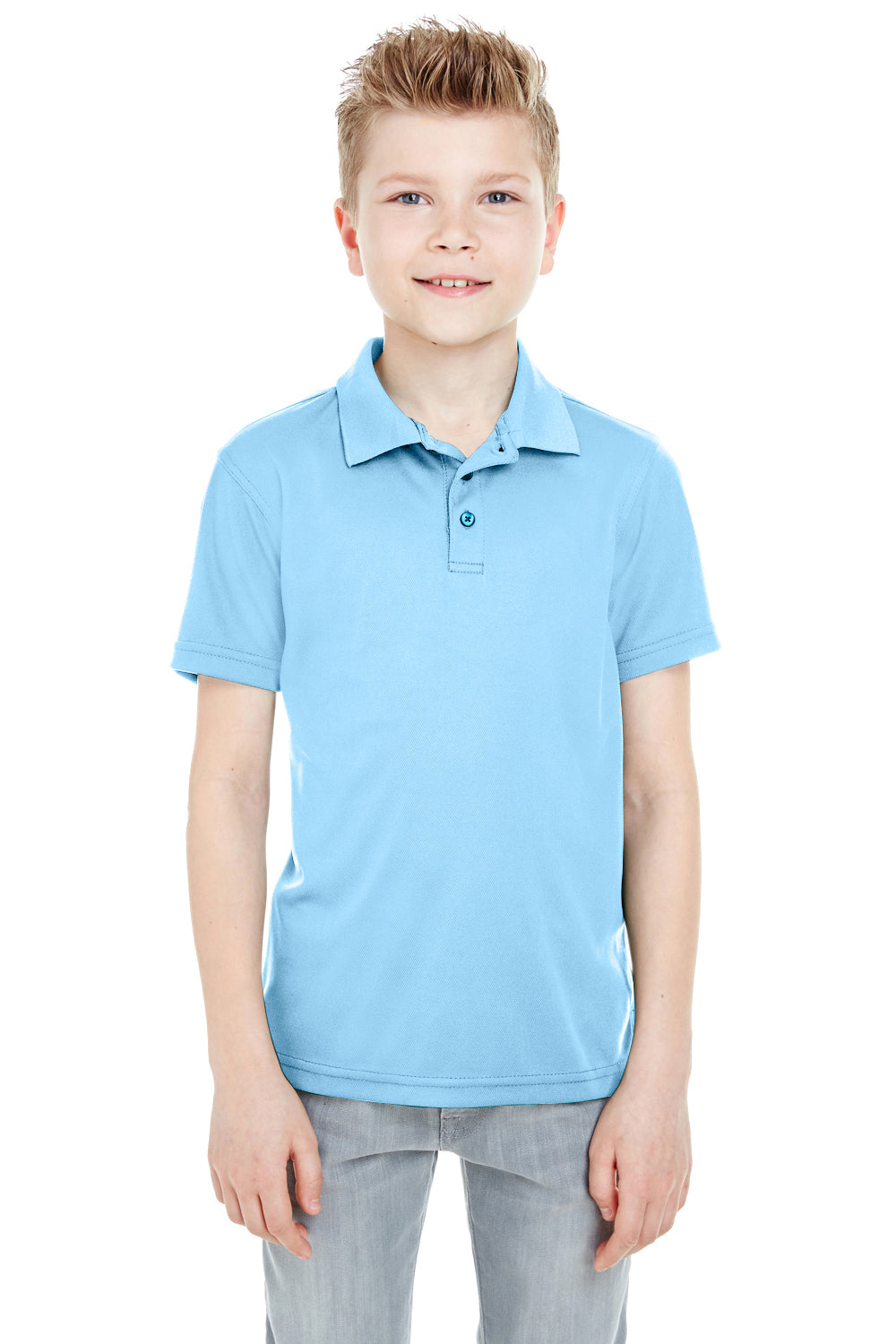 UltraClub 8210Y Youth Cool & Dry Moisture Wicking Short Sleeve Polo Shirt Columbia Blue Model Front