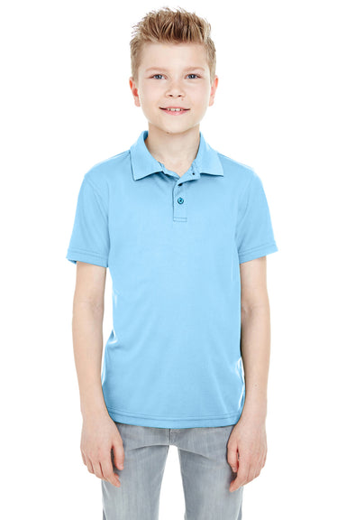 UltraClub 8210Y Youth Cool & Dry Moisture Wicking Short Sleeve Polo Shirt Columbia Blue Model Front