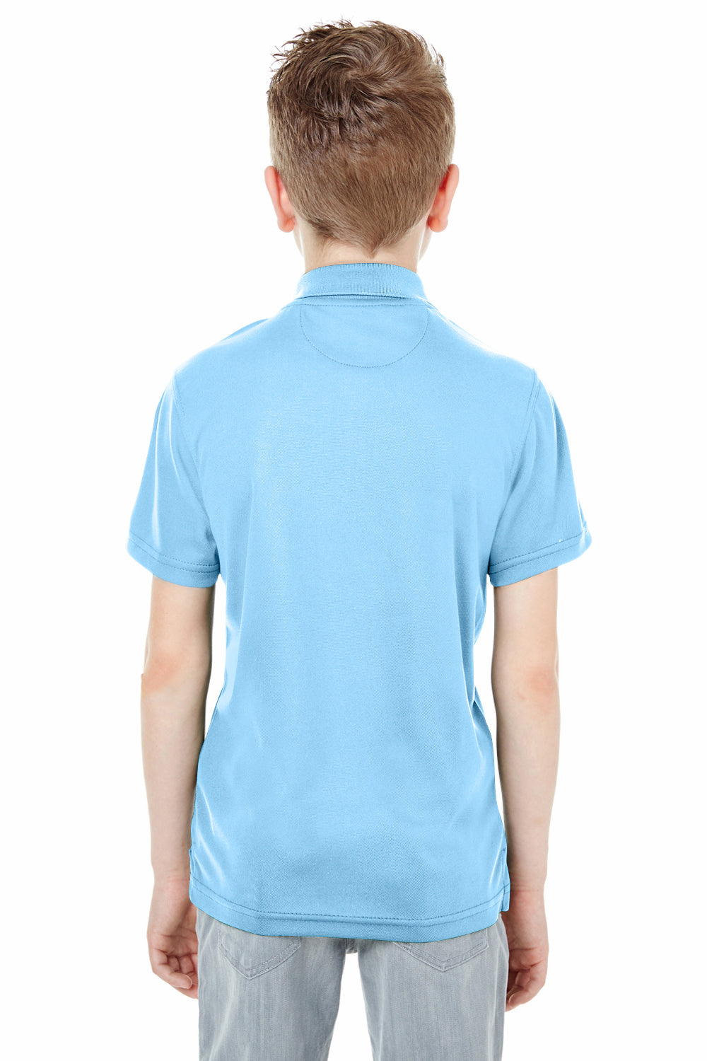 UltraClub 8210Y Youth Cool & Dry Moisture Wicking Short Sleeve Polo Shirt Columbia Blue Model Back