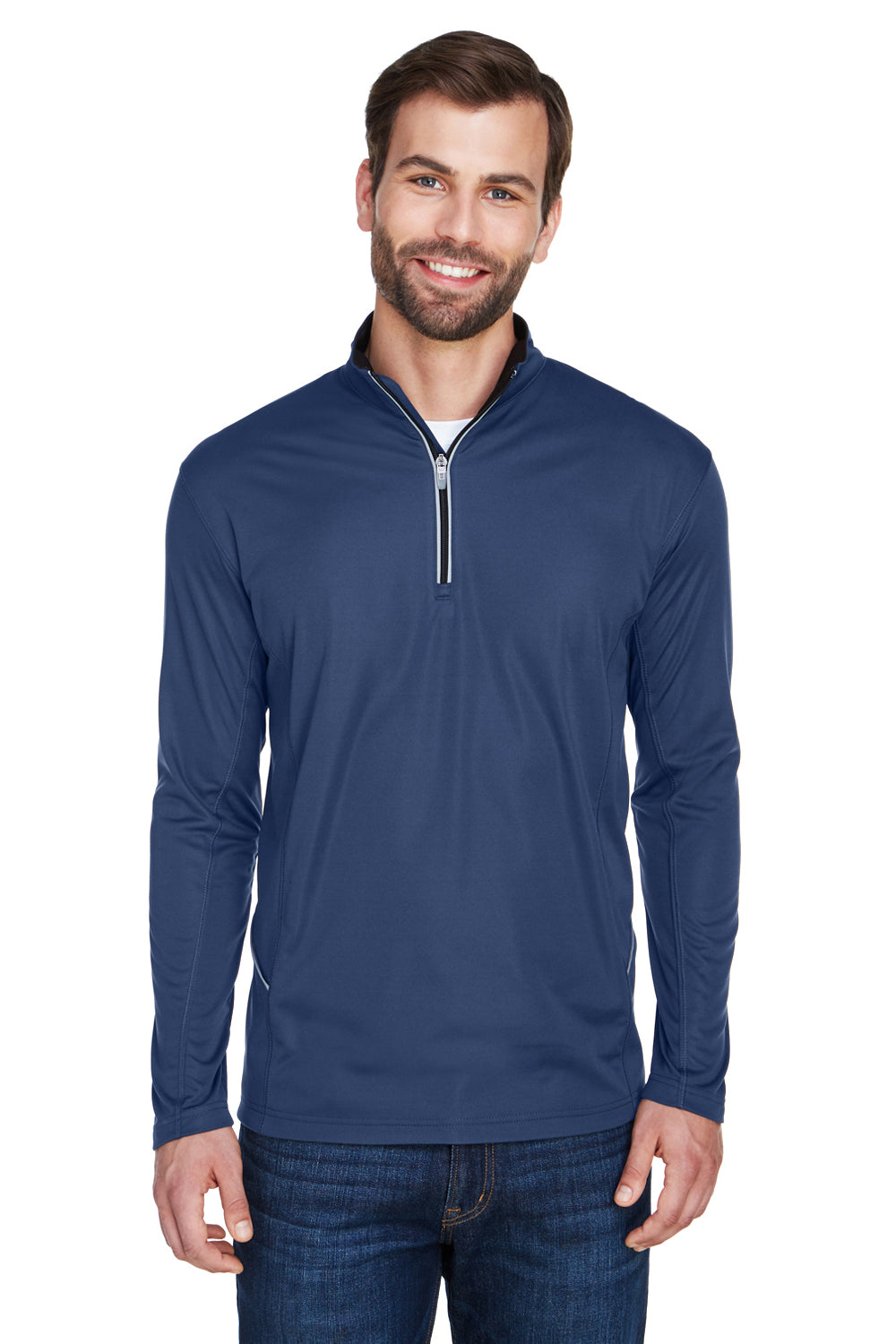 UltraClub 8230 Mens Cool & Dry Moisture Wicking 1/4 Zip Sweatshirt Navy Blue Model Front