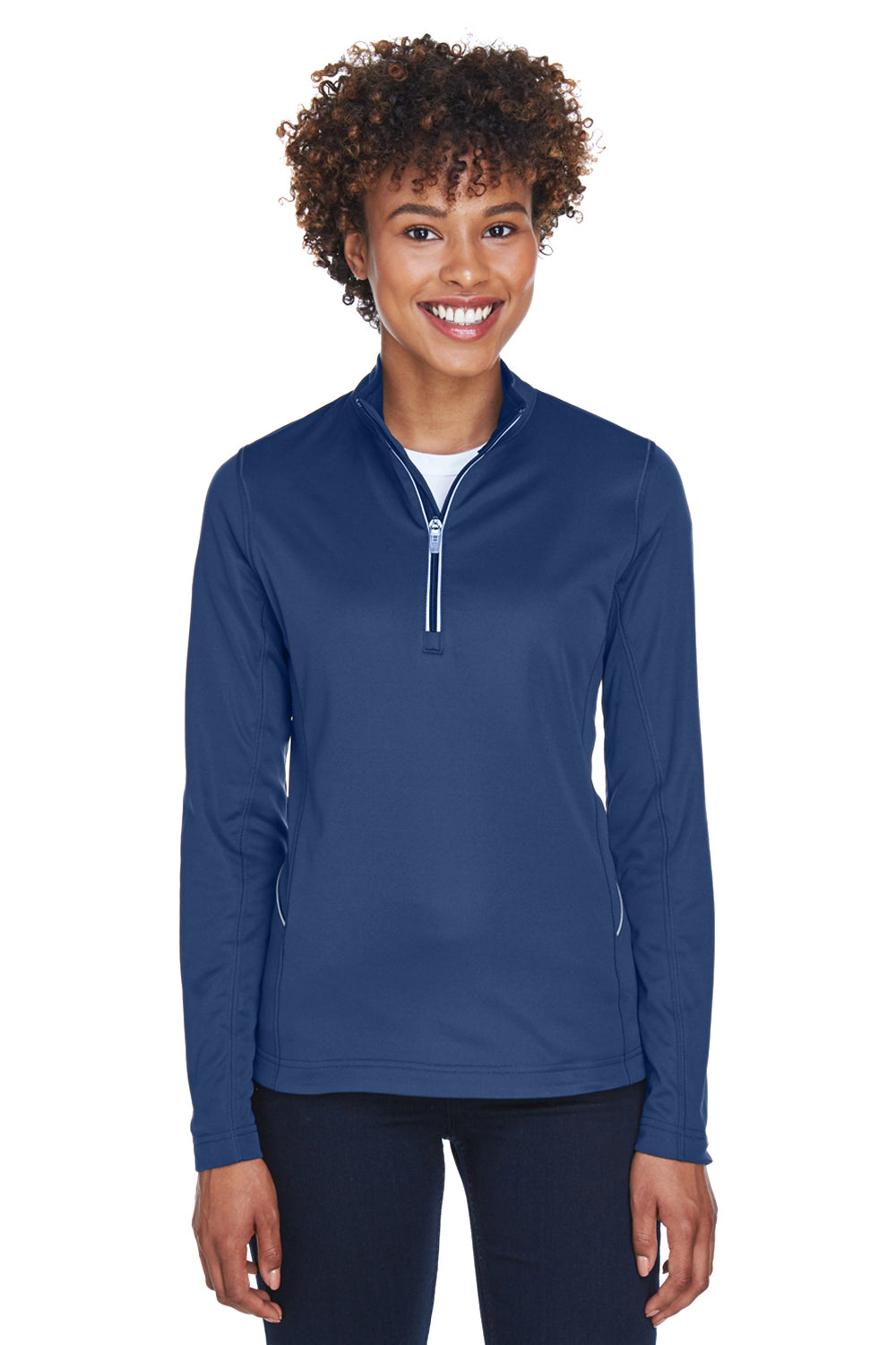 UltraClub 8230L Womens Cool & Dry Moisture Wicking 1/4 Zip Sweatshirt Navy Blue Model Front