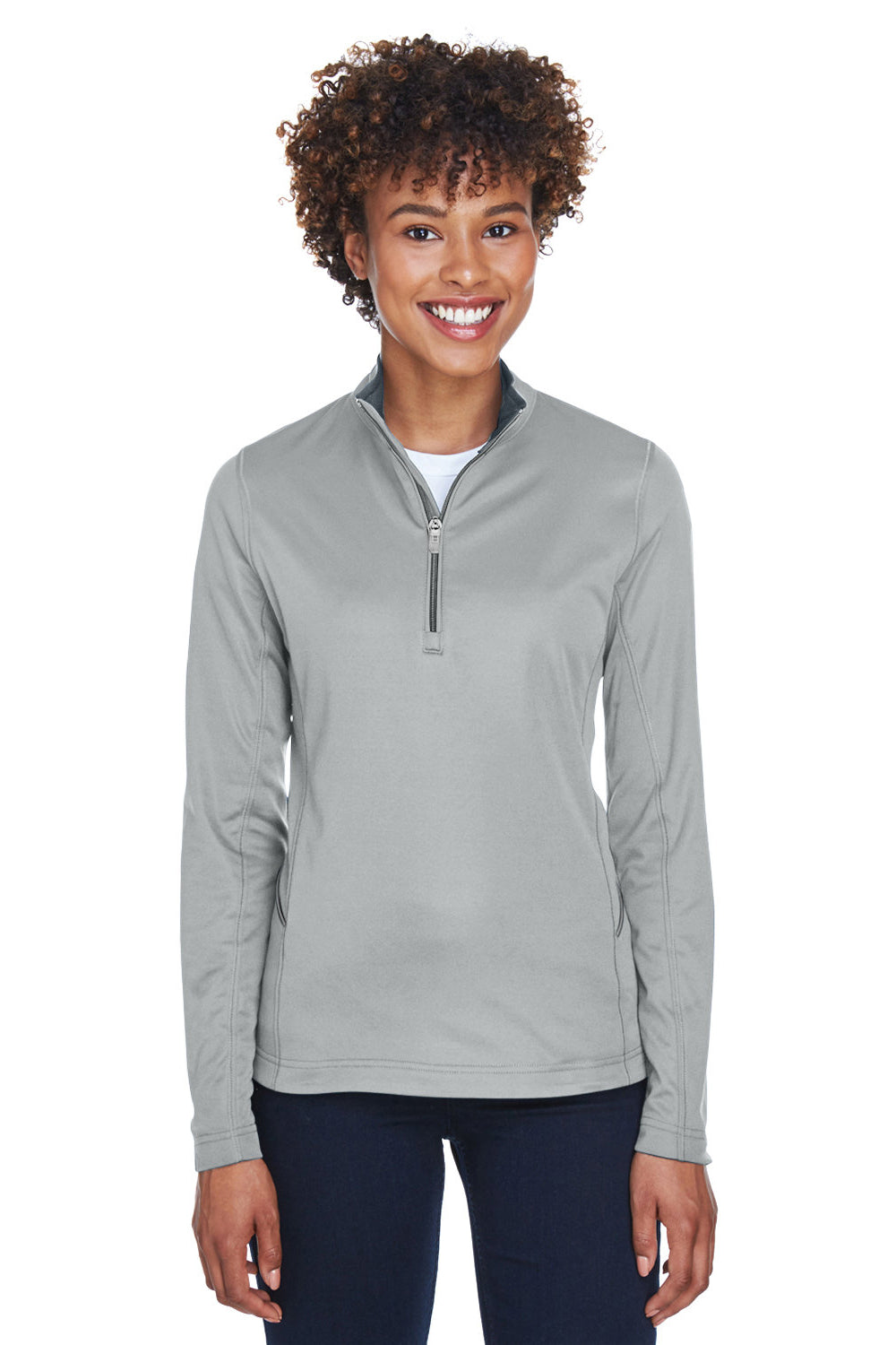 UltraClub 8230L Womens Cool & Dry Moisture Wicking 1/4 Zip Sweatshirt Grey Model Front