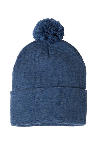 Sportsman SP15 Mens Pom-Pom Cuffed Beanie Heather Dark Royal Blue Flat Front