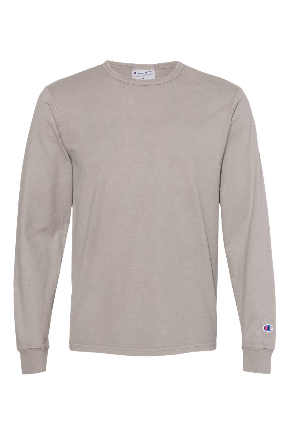 Champion CD200 Mens Garment Dyed Long Sleeve Crewneck T-Shirt Concrete Grey Flat Front