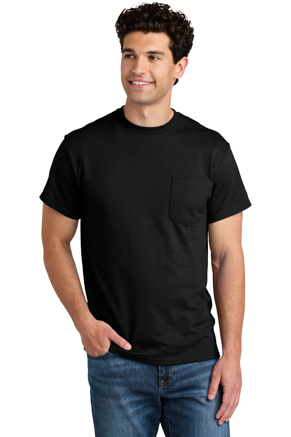 Gildan 8300/G830 Mens DryBlend Moisture Wicking Short Sleeve Crewneck T-Shirt w/ Pocket Black Model Front