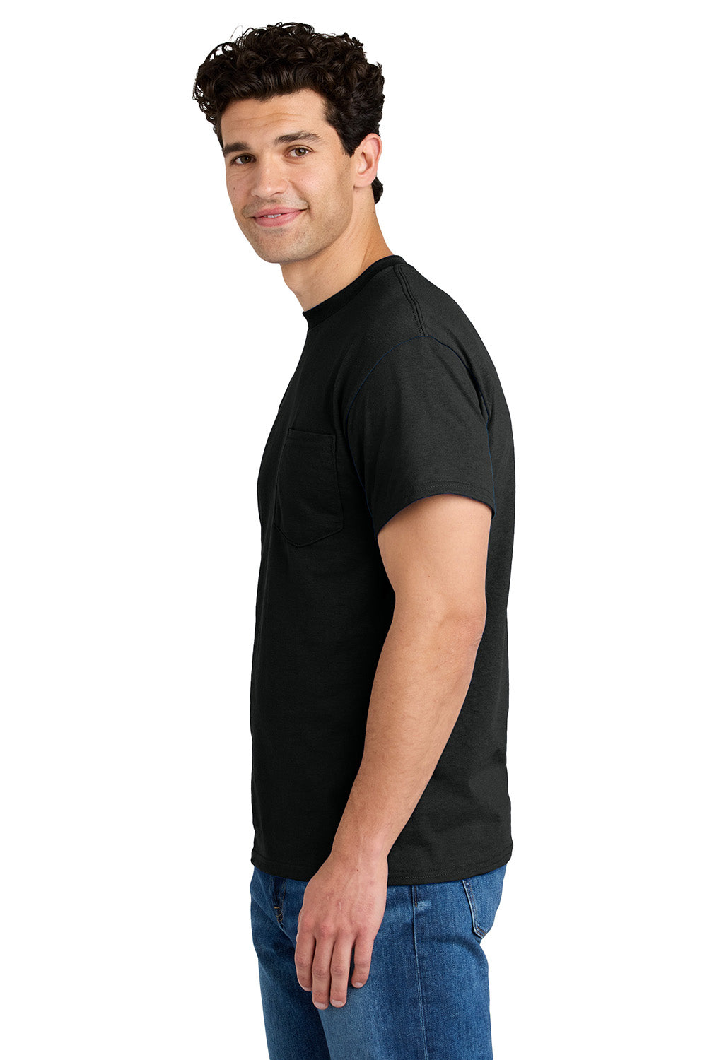 Gildan 8300/G830 Mens DryBlend Moisture Wicking Short Sleeve Crewneck T-Shirt w/ Pocket Black Model Side