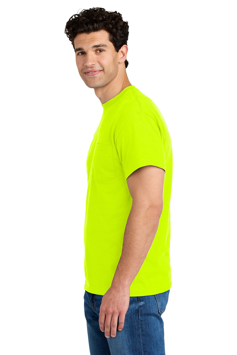 Gildan 8300/G830 Mens DryBlend Moisture Wicking Short Sleeve Crewneck T-Shirt w/ Pocket Safety Green Model Side